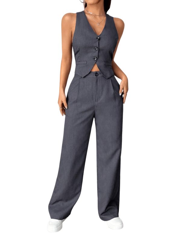 Women's 2 Piece Solid Sleeveless V Neck Cross Back Button Down Blazer and Pants Business Office Suit Set