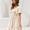 61SdGUMmvmL.jpg Women's Flowy Casual Mini Dresses 2025 Summer Graduation Smocked V Neck Vacation Dress Dress with Pockets