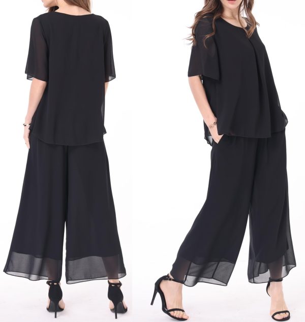 Women's Chiffon Summer 2 Piece Outfits Suit Blouse Top Capri Wide Leg Dress Casual Business Pants Sets