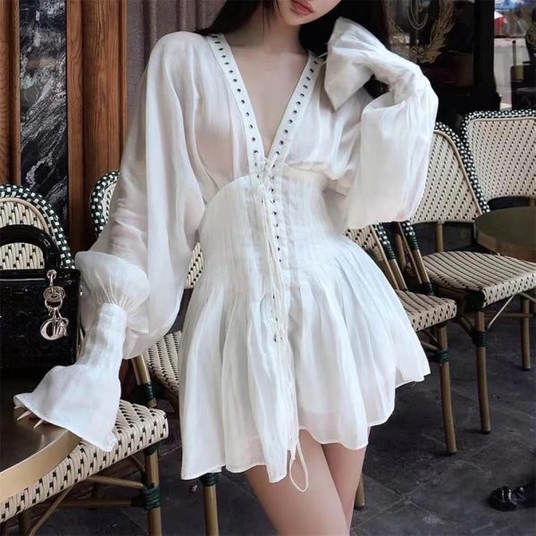 Modern Summer Minimalist Mini Dress Women V Neck Lace Up Casual Everyday Dress