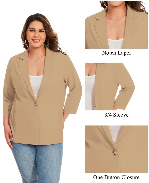 Womens Plus Size Blazer 3/4 Sleeve Notch Lapel Casual Work Blazers One Button Open Front Pockets Jackets (XL-5XL)