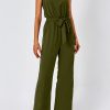 Jumpsuits For Women Dressy Summer One Piece Sleeveless Ruffle Mock Neck Belt Pockets Formal Wide Leg Pants Romper