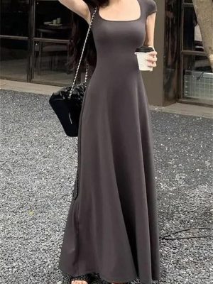 Sexy Square Collar Slim Fit Dress for Women Summer Short Sleeve Elegant Party Long Dresses