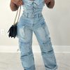 Women's Cargo Denim Jumpsuit Strapless Multi Pockets Wide Leg Loose Baggy Jean Romper Cargo Jeans