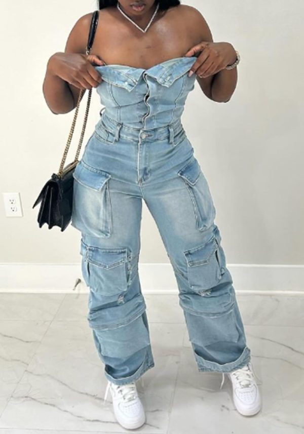Women's Cargo Denim Jumpsuit Strapless Multi Pockets Wide Leg Loose Baggy Jean Romper Cargo Jeans