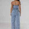 Womens Denim Jumpsuits Button Sleeveless Tube Top Wide Leg Jeans Summer Going Out Jumpsuits