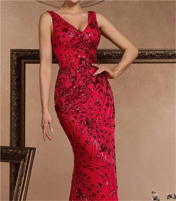 Sequin Evening Dress for Women V Neck Long Slit Formal Gown Wedding Guest Prom Floor Length Party Dress