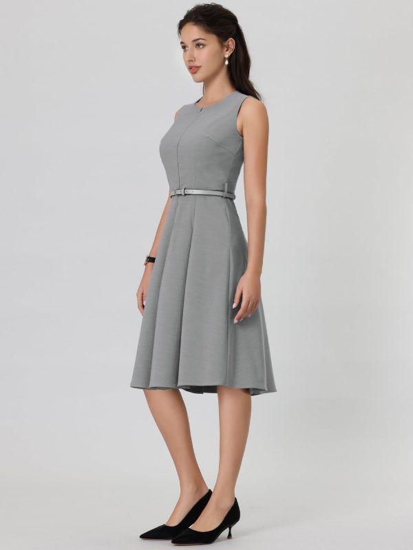 Women's Sleeveless Dress Zip Up Belted Fit & Flare Work Dresses