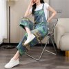 Women Printed Denim Overalls Sleeveless Wide Leg Denim Jumpsuits Loose Vintage Jumpsuits