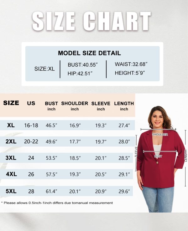 Womens Plus Size Blazer 3/4 Sleeve Notch Lapel Casual Work Blazers One Button Open Front Pockets Jackets (XL-5XL)