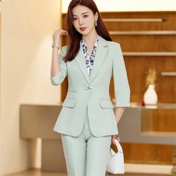 Women Summer Temperament Style Professional Slim Blazer and Pants Two Piece Sets Office Work Wear Yellow Suits