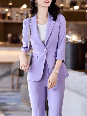 Women's Office Suit Fashion Suit Jacket Simple Solid Color Spring and Summer Half-Sleeved Top + Trousers 2-Piece Set