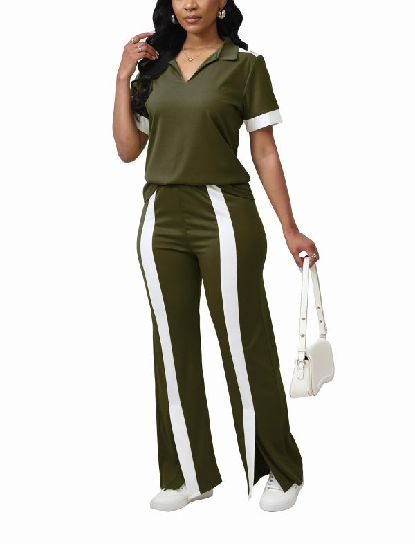 Women's Lounge 2 Peice Outfit Dressy Casual Short Sleeve Flared Slit Wide Leg Pants Set Match Sweatsuit