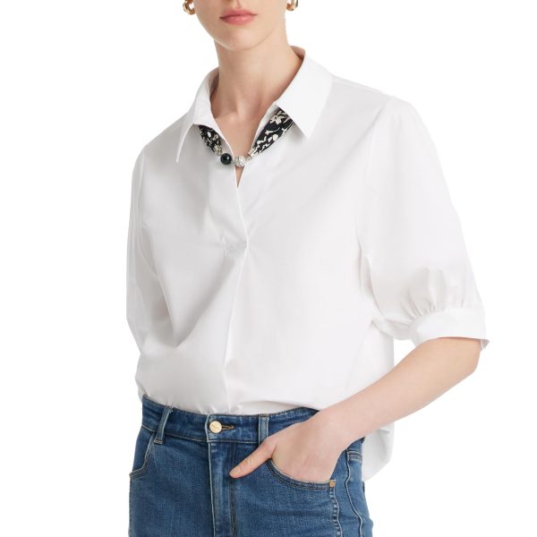 Business Casual Tops for Women Elegant V Neck White Dress Shirts Puff Sleeve Blouse for Work with Attached Silk Scarf