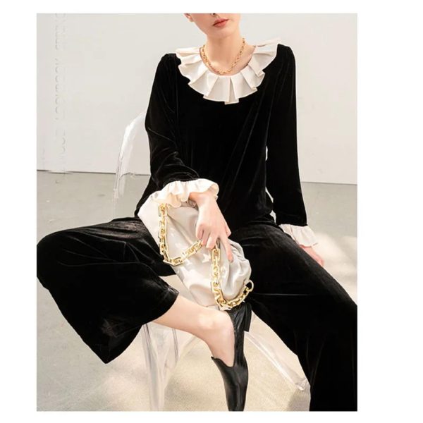 Plus Size Women's Velvet Suit - Fashion Collar Blouse & Wide Leg Trousers Contemporary Silhouette