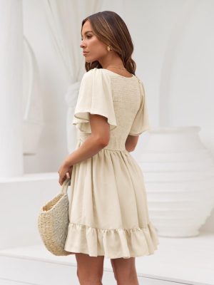 Women's Flowy Casual Mini Dresses 2025 Summer Graduation Smocked V Neck Vacation Dress Dress with Pockets