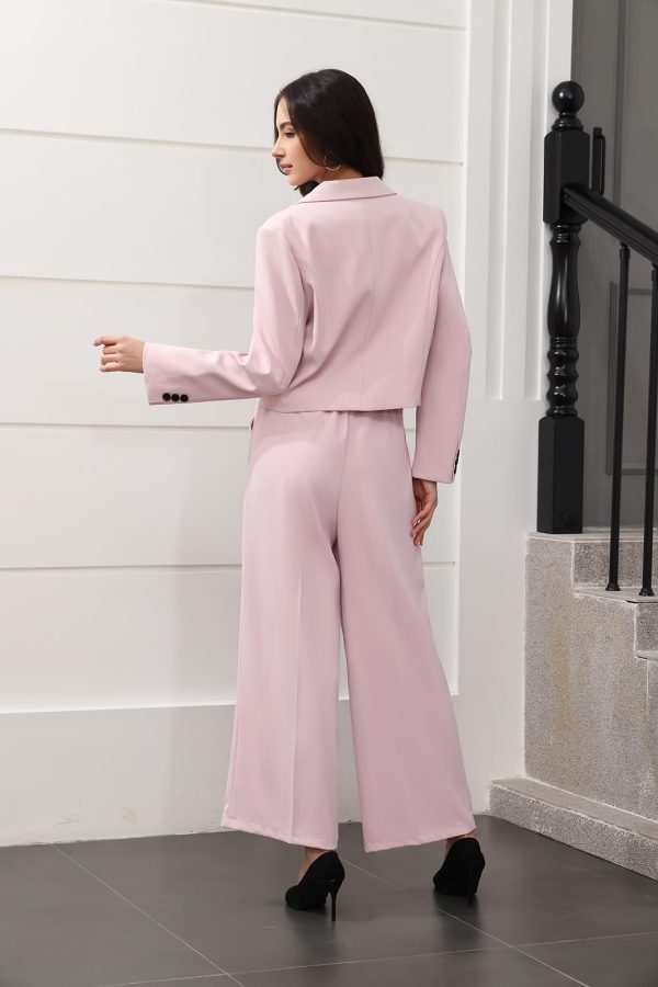 Women's Suit 2 Piece Casual Outfits Cropped Blazer High Waisted Wide Leg Pants for Work