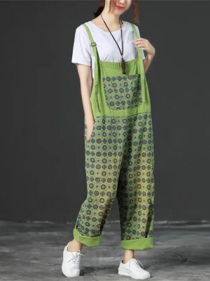 Women Vintage Printed Jumpsuits Loose Washed Denim Overalls Print Simple Rompers Pants