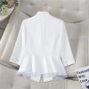 Women Elegant Black White Blazer Ruffle Slim Fit Half Sleeve Formal Office Top Work Jacket
