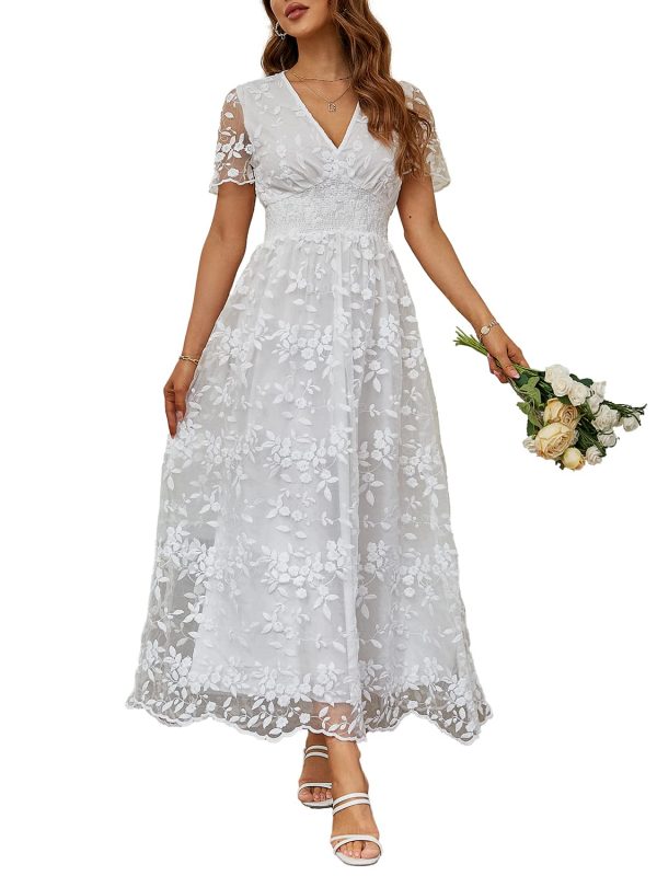 Women's V-Neck Lace Floral Long Dress Embroidery Cocktail Wedding Guest Boho Maxi Dress