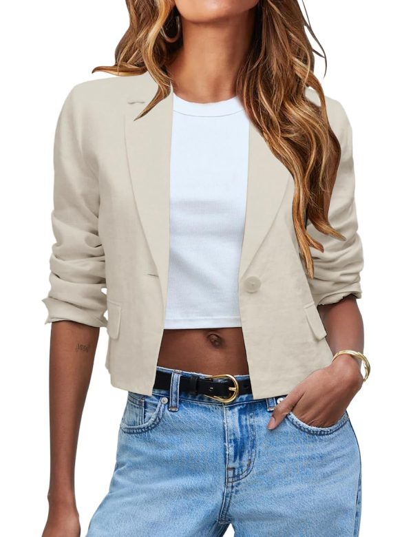 Womens Cropped Blazer Casual Lightweight Cotton Linen Blazer Suit Jackets