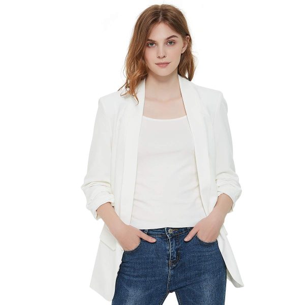 Womens 3/4 Ruched Sleeve Blazer Jacket Lightweight Work Office Open Front Solid Coat, Black