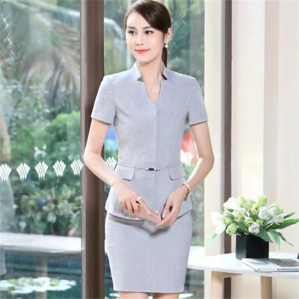 Women Summer Business Pant Suit Formal Slim Short Sleeve V Neck Blazer and Trousers Office Ladies Work Wear Uniform