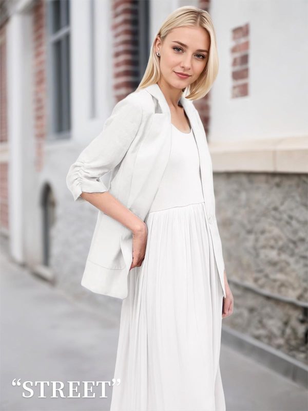 2025 Summer Linen Blazer Women Lightweight 3/4 Stretchy Ruched Sleeve Fully-Lined Casual Work Jacket with Pockets