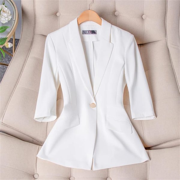 Women's Spring Summer Half Sleeve Office Coat Top All Match Stylish Jacket Blue Blazer