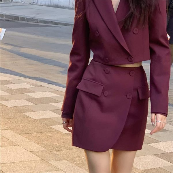 61ZKJlr1BeL.jpg Spring Summer Stylish Blazer Suits Sets Women Crop Coat High Waist Pocket Mini Skirts Outfit Suits