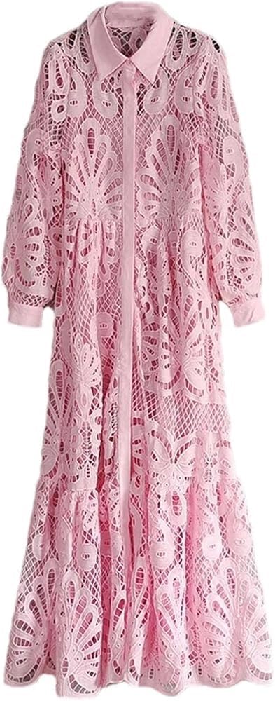 Summer Maxi Dress Women Slim Fit Full Lantern Sleeve Lace Dress Hollow Out Lapel with Belt Elegant Office Work Long Dresses