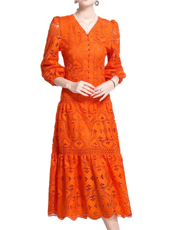 61aw45GHB3L.jpg Women Summer Hollow Out Lace Dress Streetwear Long Sleeve Office Party Dress