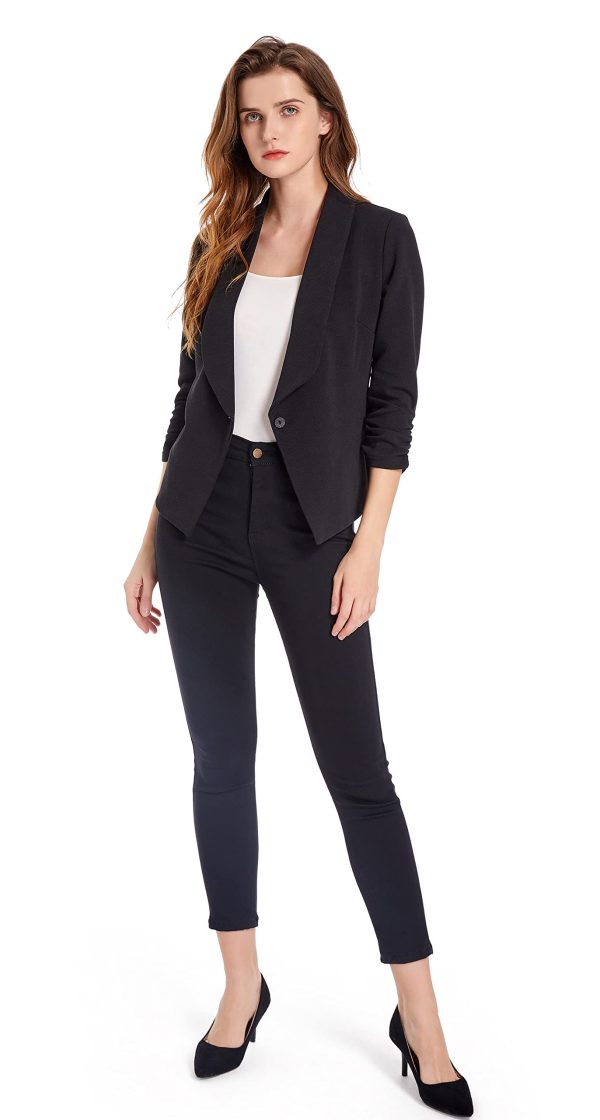 Women's Soft Stretchy Lightweight Cardigan Blazer One Button 3/4 Ruched Sleeve Business Casual Blazer Jackets
