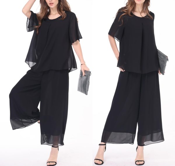 Women's Chiffon Summer 2 Piece Outfits Suit Blouse Top Capri Wide Leg Dress Casual Business Pants Sets