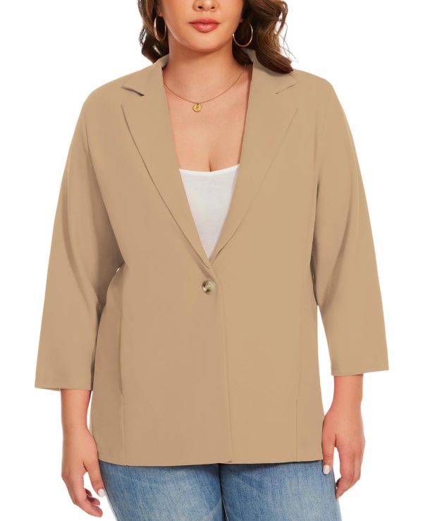 Womens Plus Size Blazer 3/4 Sleeve Notch Lapel Casual Work Blazers One Button Open Front Pockets Jackets (XL-5XL)