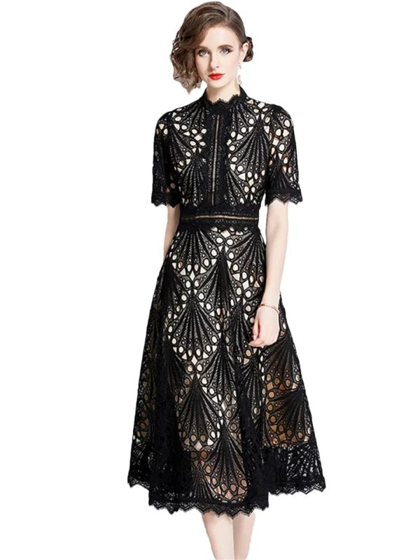 Womens Summer Hollow Out Party A Line Midi Long Princess Elegant Office Runway Robes Dress