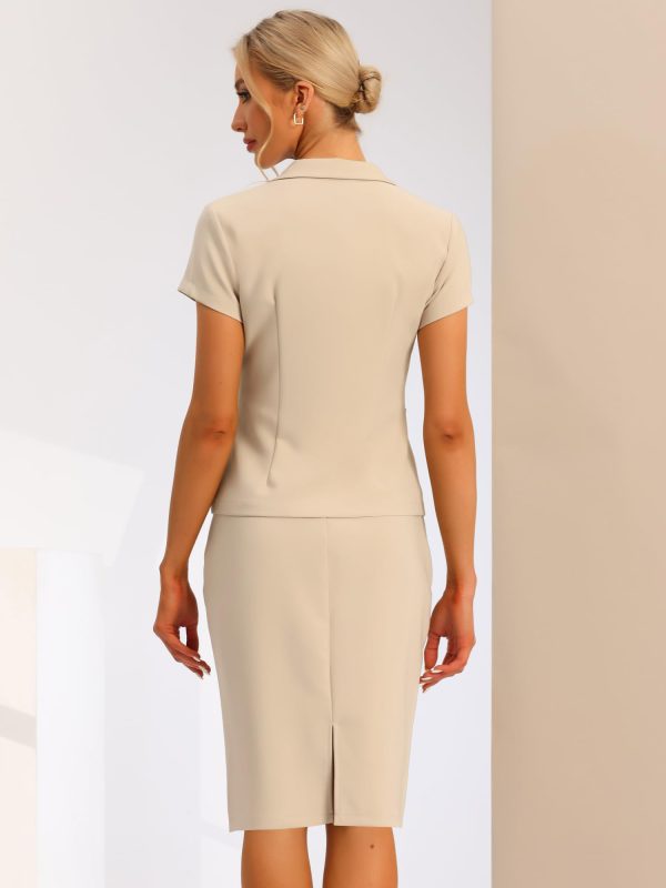 Women's Business Skirt Suit Set Work Office Short Sleeve Blazer Jacket Pencil Skirt