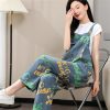 Women Printed Denim Overalls Sleeveless Wide Leg Denim Jumpsuits Loose Vintage Jumpsuits