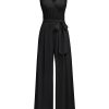 Women's Sleeveless Deep V Neck Ruched Wide Leg Jumpsuit Long Romper Belt with Pockets