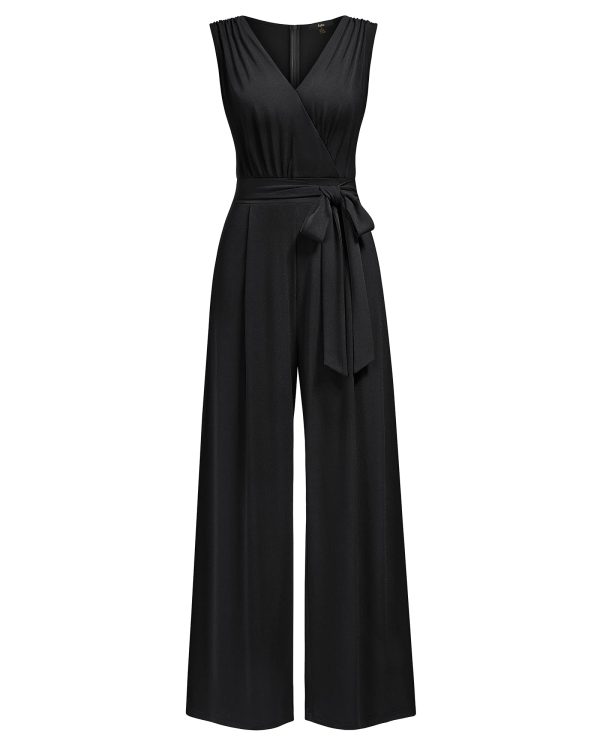 Women's Sleeveless Deep V Neck Ruched Wide Leg Jumpsuit Long Romper Belt with Pockets