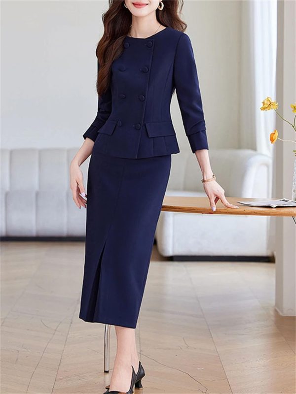 Women Commuting Office Half Skirt Two Piece Set Slim Fit Double Breasted Long Sleeved Half Skirt Set
