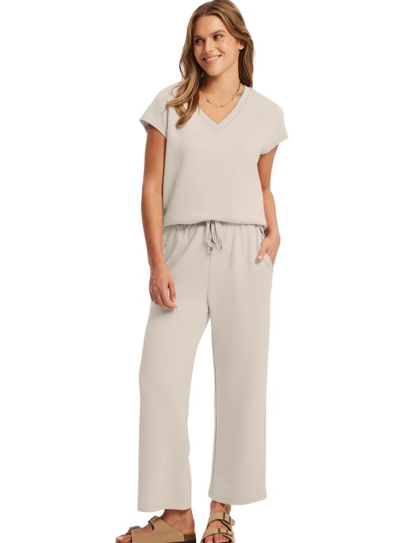 Two Piece Sets for Women Summer Outfits Lounge Sets V Neck Tops Wide Leg Pants Woman Vacation Travel Outfits