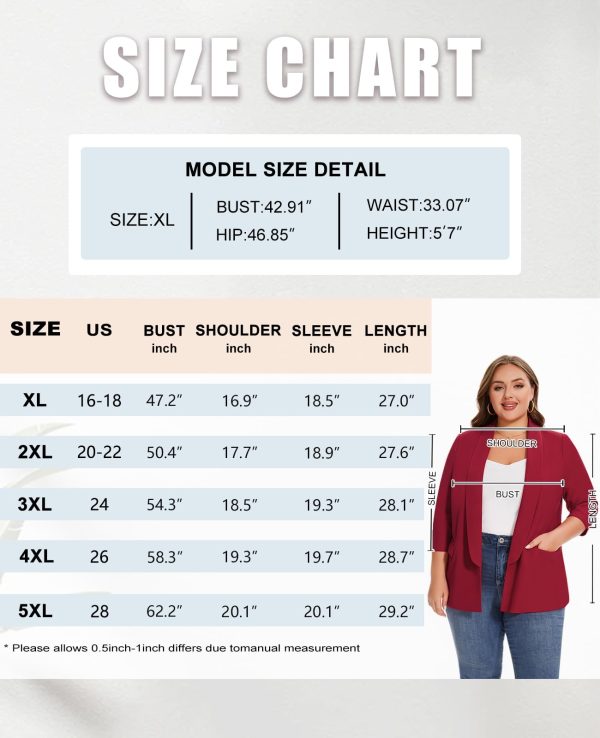 Plus Size Blazers for Women Casual Work Office 3/4 Sleeve Open Front Cardigan Suit Jacket Blazer with Pockets
