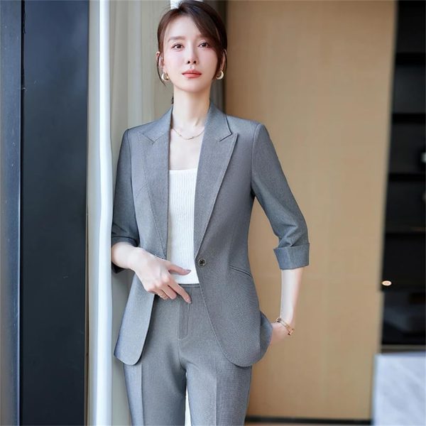 Women Half Sleeve Elegant Business Suits Spring Summer Formal Uniform Designs Pantsuits Professional Blazers Trousers Sets