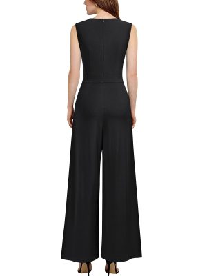 Women's Sleeveless Deep V Neck Ruched Wide Leg Jumpsuit Long Romper Belt with Pockets
