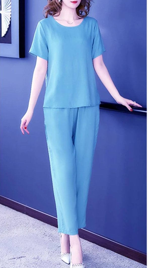Women's Summer Loungewear - Light Blue Cotton Blend Tee & Capris Moisture-Wicking