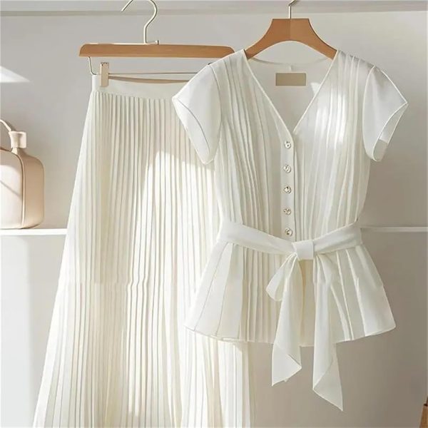 Womens 2 Piece Chiffon Outfits Short Sleeve Blouse and Pleated A Line Long Skirt Set with Belt for Work Office