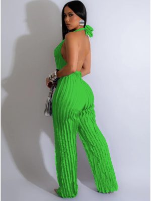Summer Sexy Halter Jumpsuits for Women V Neck Tie Knot Pleated Boho One Piece Wide Leg Long Pants Jumpsuit Romper