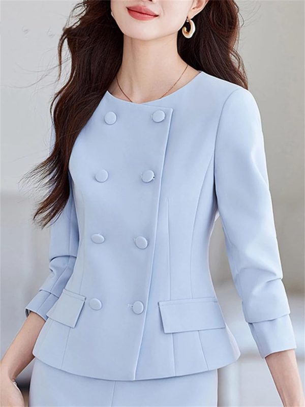 Women Commuting Office Half Skirt Two Piece Set Slim Fit Double Breasted Long Sleeved Half Skirt Set