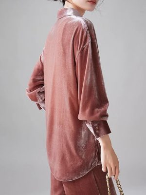 Women's Silky Velvet Suit - Contrast Trim Shirt & Wide-Loose Pants Elegant Style